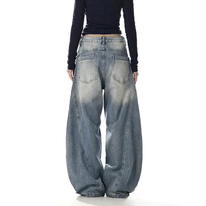 Women Ripped Jean American Retro Denim Blue Pants Y2k Design High Street Wide Fit Cowboy