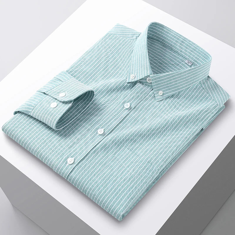100% Cotton Men's Oxford Shirts Spring Autumn Long Sleeve Basic Casual Solid Striped Button Down Social Business Formal Plus 5XL