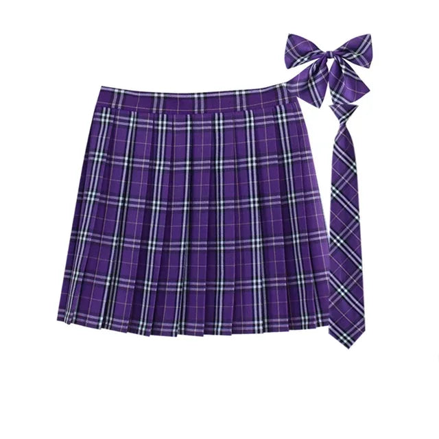 Women Summer Plaid Pleated Skirt With Necktie Bowtie Korean Jk Skirt Uniform Japanese School Preppy A Line Mini Skirts