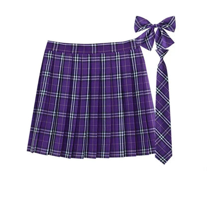 Women Summer Plaid Pleated Skirt With Necktie Bowtie Korean Jk Skirt Uniform Japanese School Preppy A Line Mini Skirts
