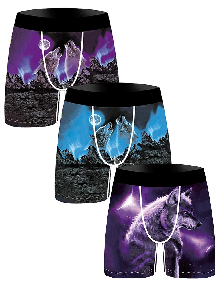3Pcs Lion Wolf Print Men Underwear Boxers Men's Novelty Underpants
