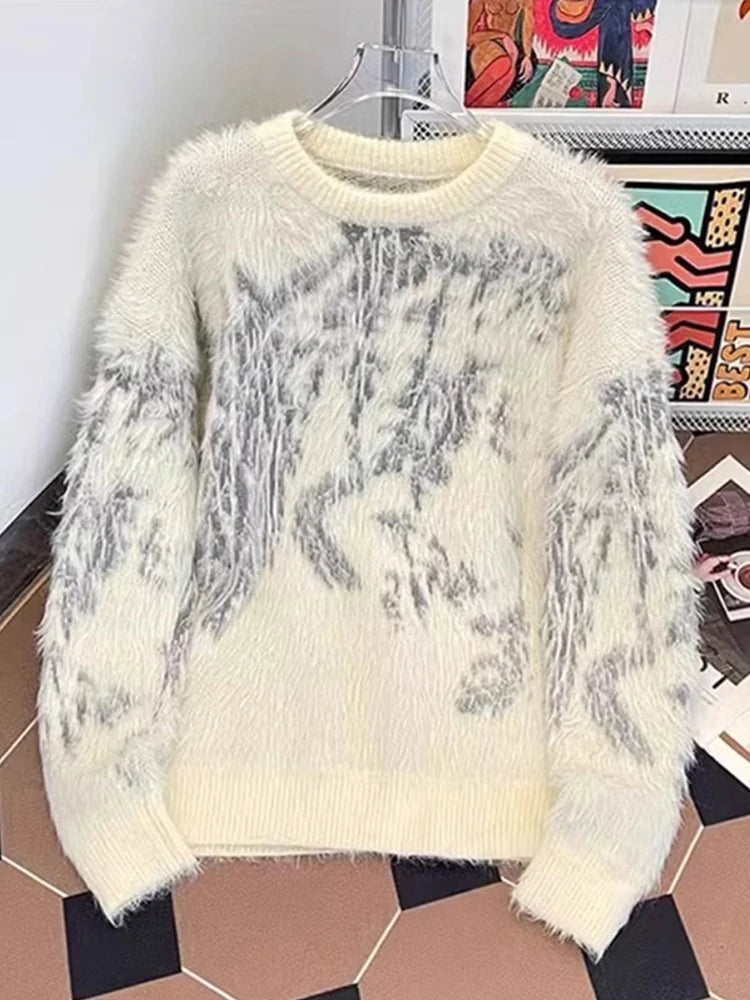 New Gothic Jacquard Crewneck Knitted Sweater For Man Retro Fluffy Warm Long Sleeve Pullovers Jumpers Y2K Streetwear Knitwear
