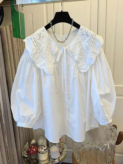 Women's Casual Loose Doll Collar Blouse, Elegant Lace Trim Peter Pan Collar Shirt, Sweet Daily Top for Spring Summer