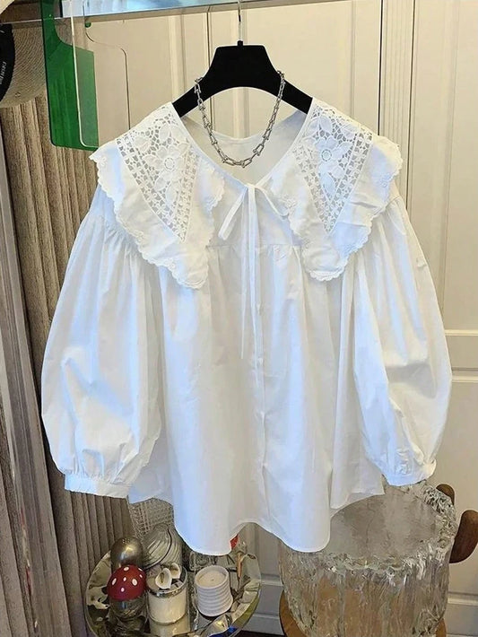 Women's Casual Loose Doll Collar Blouse, Elegant Lace Trim Peter Pan Collar Shirt, Sweet Daily Top for Spring Summer