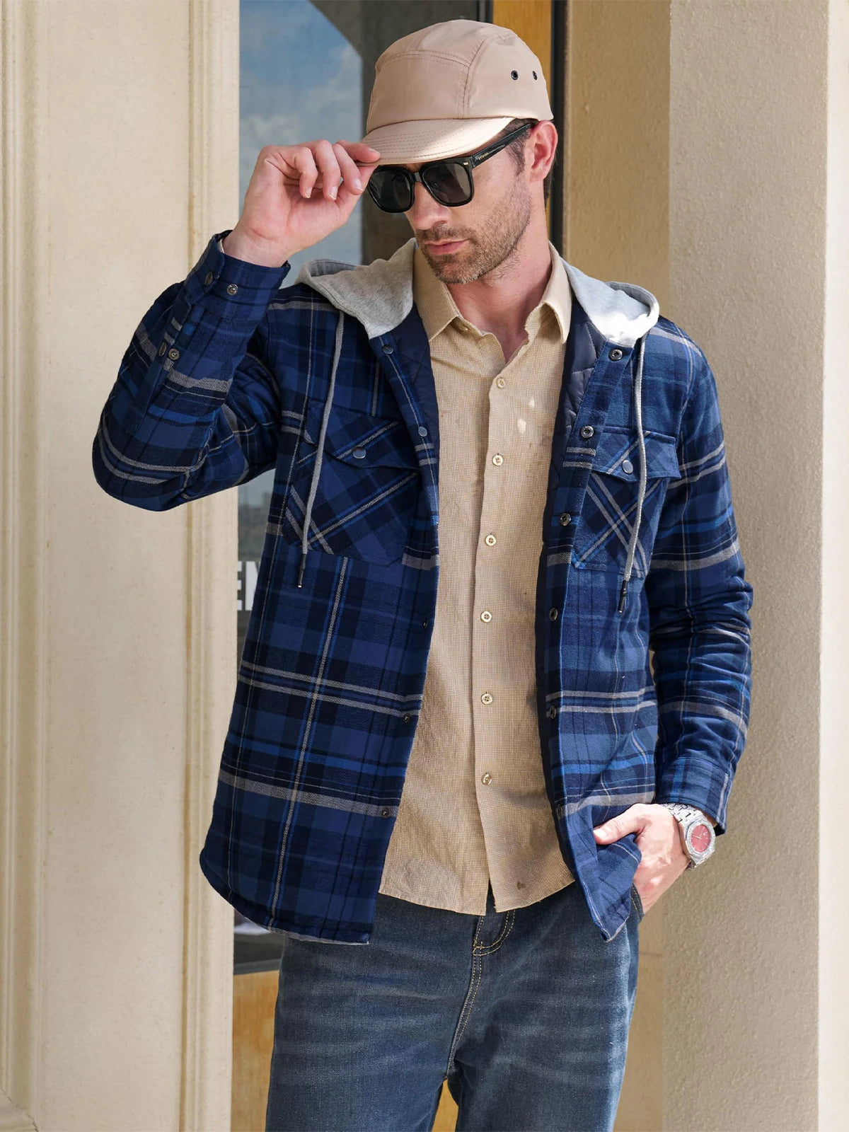 MAGCOMSEN Men's Hooded Flannel Jacket Cotton Autumn Winter Warm Coat Long Sleeve Plaid Shirt