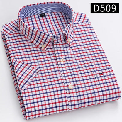 New Men's Social Shirt Short Sleeve 100% Pure Cotton Oxford Soft Buttoned Plaid Formal Male Clothes Pocket Social Shirt S-7XL