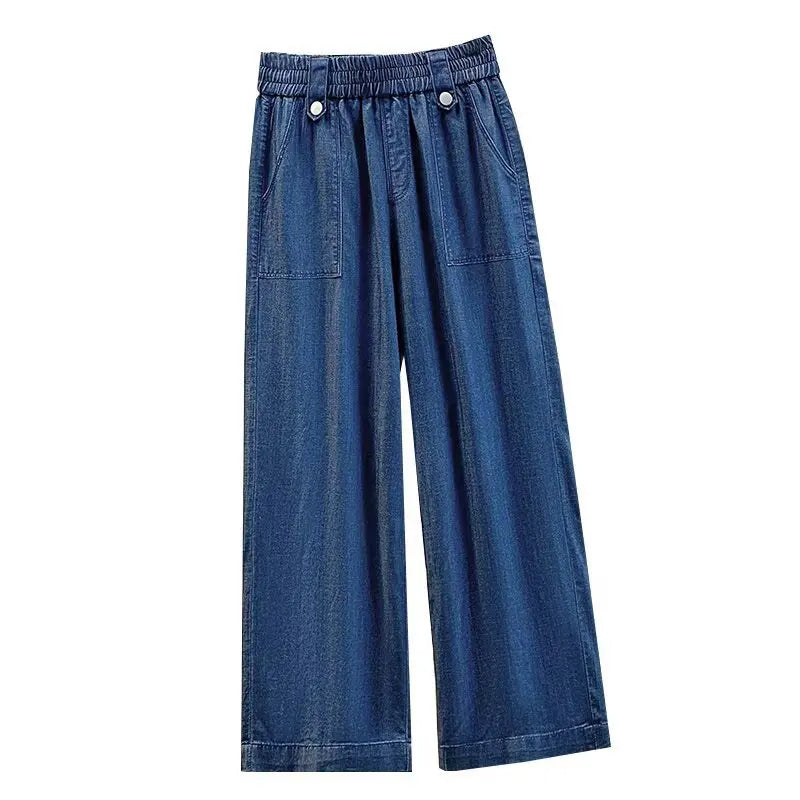 Women Plus Size Lightweight Lyocell Straight Jeans Casual Wide Leg Ninth Pants For Curvy Ladies 0266