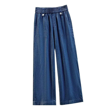 Women Plus Size Lightweight Lyocell Straight Jeans Casual Wide Leg Ninth Pants For Curvy Ladies 0266