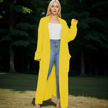Women's solid-color textured drop-shoulder pocket long cardigan, a casual long-sleeved knitted garment suitable for autumn and winter,