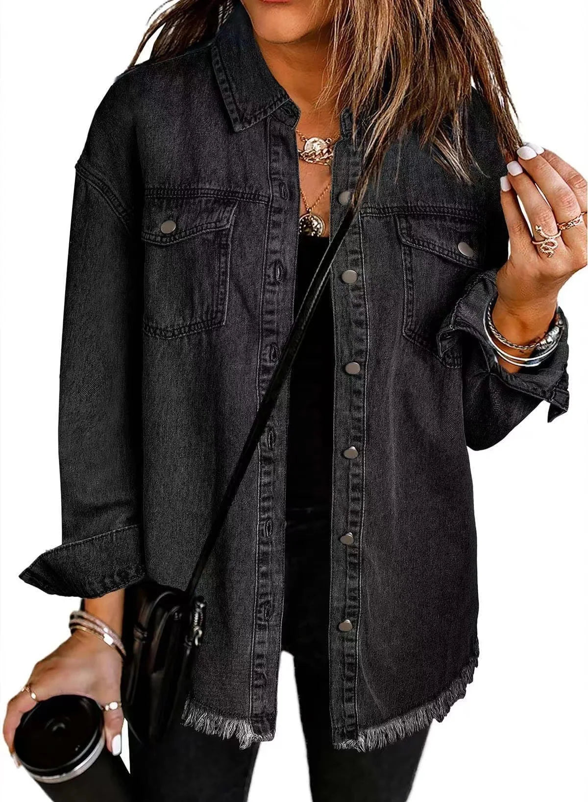 Autumn Winter New Women's Outerwear Denim Shirt Jacket Washed Finish Distressed Hem Single Row Buttons Pockets Street Fashion