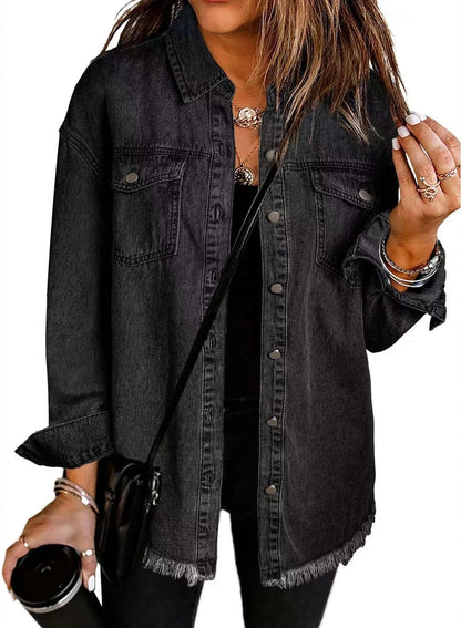 Autumn Winter New Women's Outerwear Denim Shirt Jacket Washed Finish Distressed Hem Single Row Buttons Pockets Street Fashion