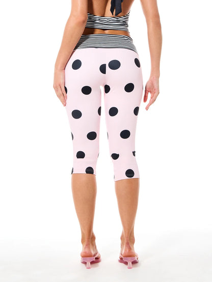 SUMWON WOMEN Women's Fold Over Waistband Polka Dot Capri Leggings With Striped Detail Mid Length High Rise Casual Leggings For
