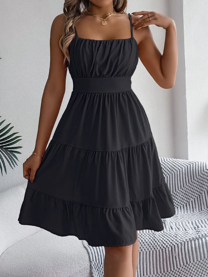 Casual Vacation Ruffled Camisole Dress Spring Summer Women's Solid Dresses for 2026 Valentine's Day Woman Clothing Pink Blue