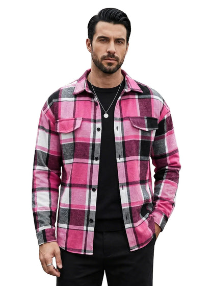Men's Plaid Flannel Shirt Long Sleeve Button Down Casual Shacket with Flap Pockets Autumn Winter Streetwear Top