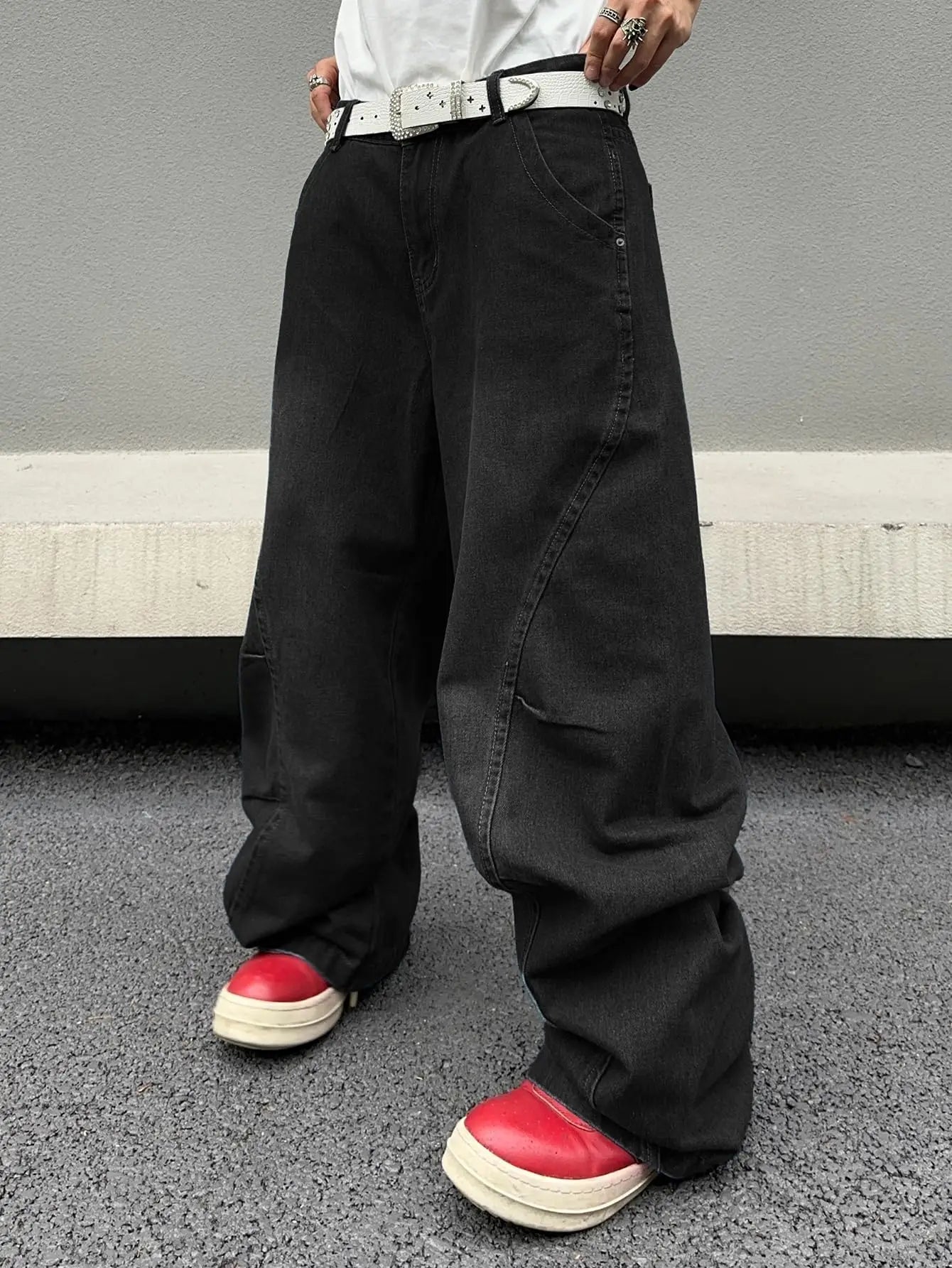 Men's Black Faded Baggy Wide Leg Jeans Unique Curved Seam Detail Hip Hop Street Style Casual Daily Going Out Loose Fit Denim Trousers