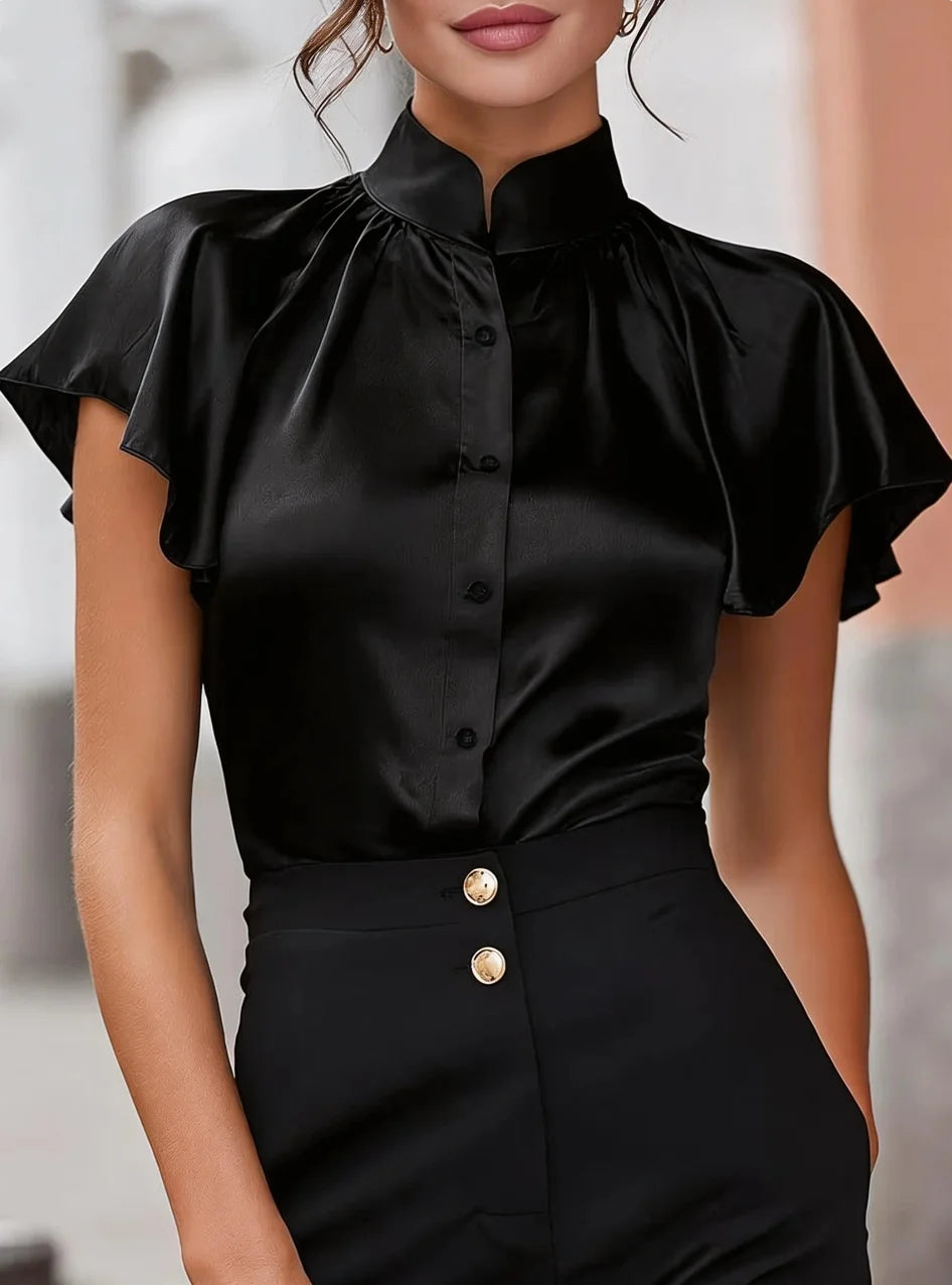 Women's Short Sleeve Satin Blouse Stand Collar Ruffle Shoulder Button Down Shirt Elegant Office Wear Top