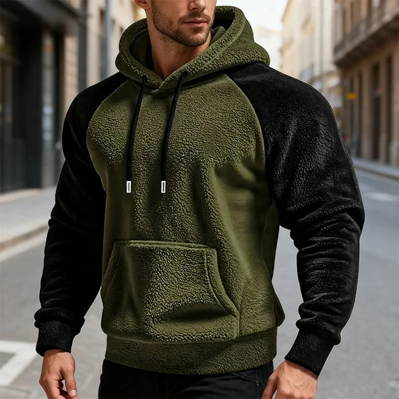 Winter Men Fleece Hooded Sweatshirt Long Sleeve Match Colors Shoulder Cuff Hoodies Trendy Big Size Light Weight Outerwear M-2XL
