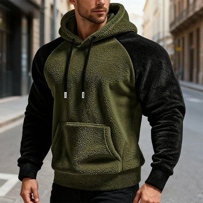 Winter Men Fleece Hooded Sweatshirt Long Sleeve Match Colors Shoulder Cuff Hoodies Trendy Big Size Light Weight Outerwear M-2XL