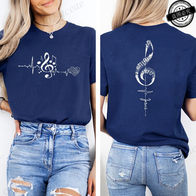 Musical Notes Printed T-Shirt for Women, Heartbeat Music Graphic Tee Shirts