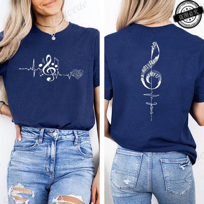 Musical Notes Printed T-Shirt for Women, Heartbeat Music Graphic Tee Shirts