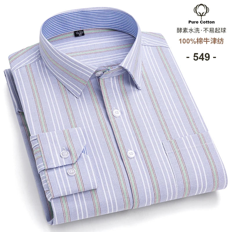 Men's Social Shirts Long Sleeve 100%Pure Cotton Oxford Buttoned Plaid Formal Male Casual Clothes Oversized Shirt Plus Size S-7XL