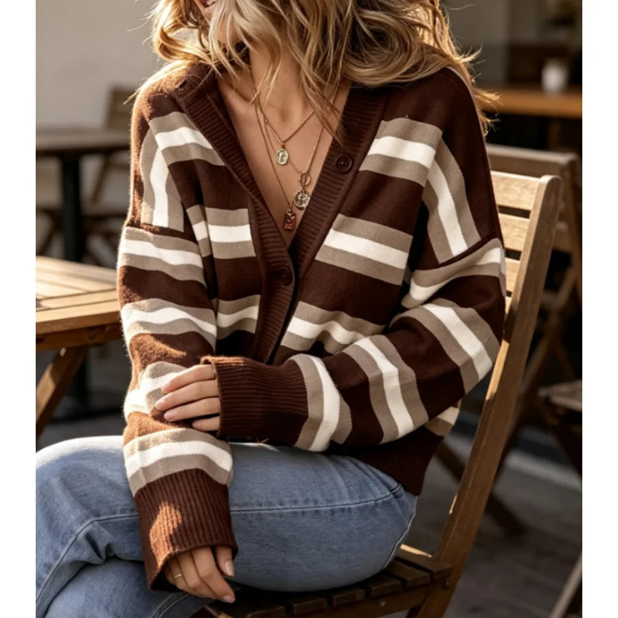 Womens Long Sleeve Cropped Striped Chunky Knit Cardigans Sweaters Long Sleeve Lightweight Open Front Button Tops Outfits