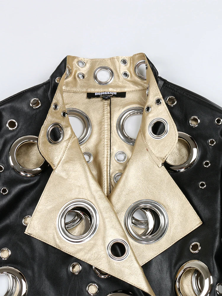 Nerazzurri Spring Autumn Short Hollow Out Pu Leather Jacket Women Rivet Cool Stylish Luxury Designer Clothes Runway Fashion 2024