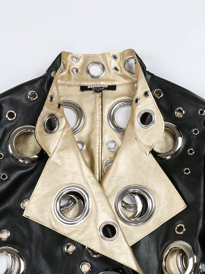 Nerazzurri Spring Autumn Short Hollow Out Pu Leather Jacket Women Rivet Cool Stylish Luxury Designer Clothes Runway Fashion 2024