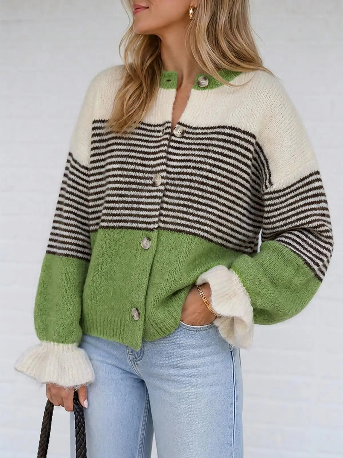Womens Fall Striped Loose Cardigan Sweaters Ruffle Sleeve Button Up Color Block Sweater Coats