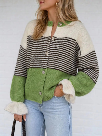 Womens Fall Striped Loose Cardigan Sweaters Ruffle Sleeve Button Up Color Block Sweater Coats