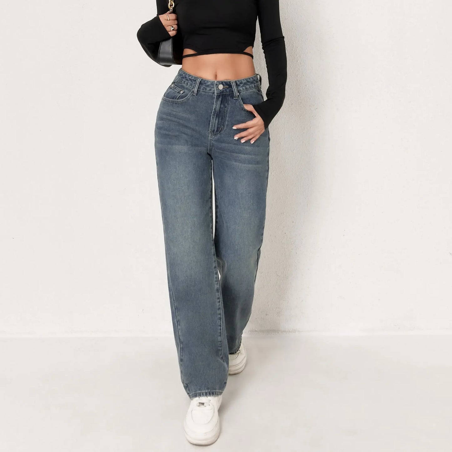 Trendy Wide Leg Distressed Straight Jeans for Women Elastic Casual Bootcut Denim Pants Bestseller Fashionable Ladies Jeans