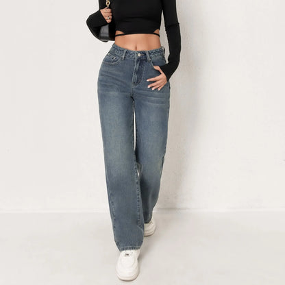 Trendy Wide Leg Distressed Straight Jeans for Women Elastic Casual Bootcut Denim Pants Bestseller Fashionable Ladies Jeans