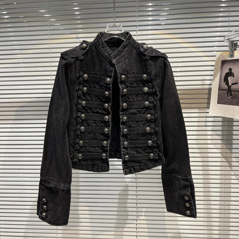2026 Autumn New Fashion Metal Buckle Design Shoulder Strap Denim Short Jacket For Women High Street Coat Female