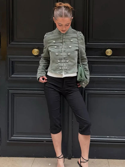 TFMLN Women Casual Denim Jacket Coat 2026 Spring Autumn Long Sleeve Stand Collar Short Coat Female Button Decor Crop Top