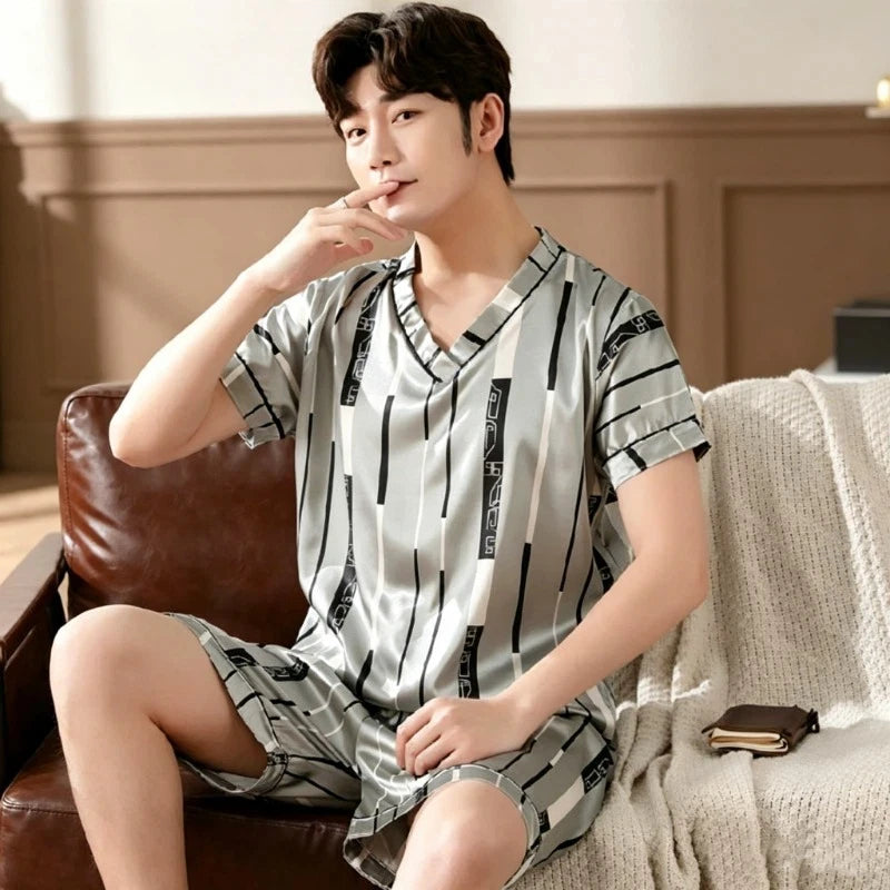 Men Summer New Fashion Print Pajamas Set Plus Size V-Neck Short Sleeve Shorts Men's Sleepwear