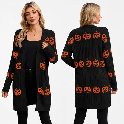 Women Halloween Open Front Cardigan, Pumpkin Face Jacquard Knit Long Sleeve Cardigan, Loose V‑Neck Mid‑Length Sweater Coat with Pockets