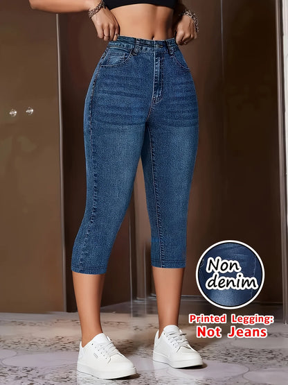 7149Women's Soft Faux Denim Print Shorts Non Hard Denim High Elastic Slim Fit Vacation Capri Pants