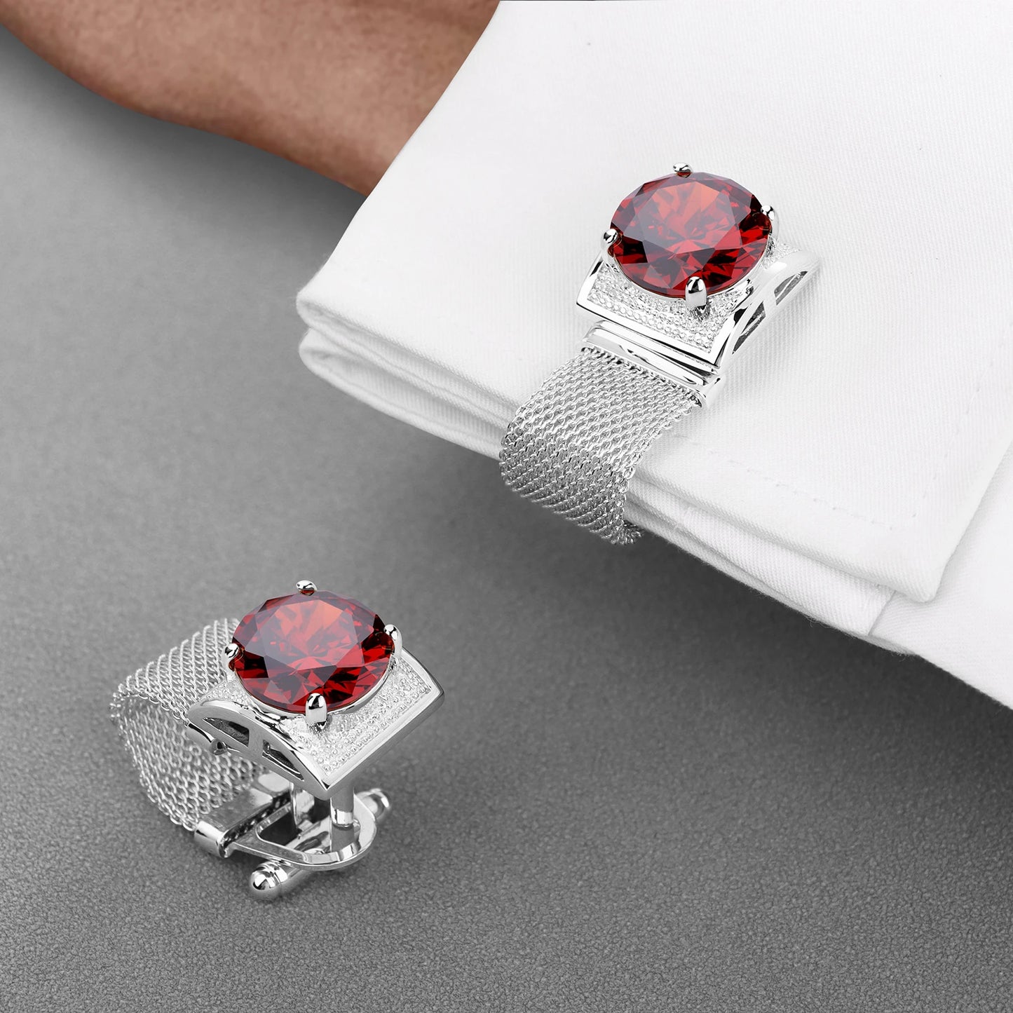 HAWSON Birthstone Crystal Cufflinks for Men Silver Luxury with Chain Wedding Birthday Christmas Gift