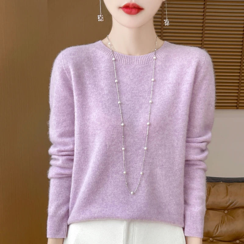Women 100% Merino Wool Sweater New Fashion O-Neck Pullover Tops Basic Jumper Autumn Winter Woman Cashmere Sweater Knitted Blouse