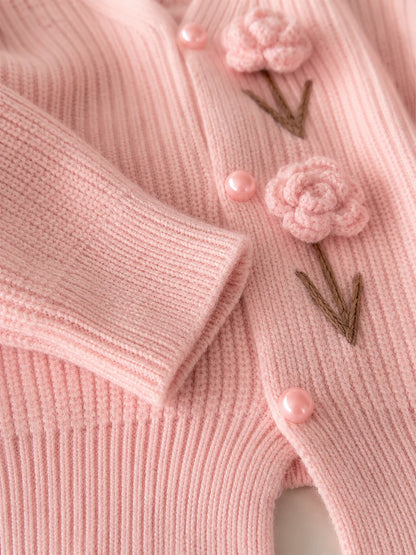3D Crochet Floral V Neck Knit Cardigan for Women, Long Sleeve Heart Button Cropped Sweater Coat, Sweet Cute Knitwear for Fall Daily Casual Outfit