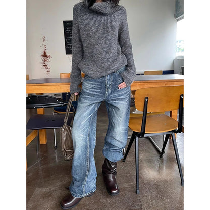 Blue Straight Leg Slim Fit Jeans Women's American Retro  Casual Cotton Denim Pants Youth Stand Fit Jeans