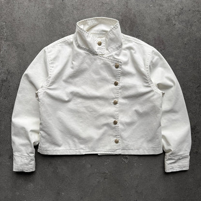 Y2K White Fencing Jacket Retro Bakastroll High Neck Loose Casual Denim Jacket Fashionable High Street Men Women Hip Hop Clothing