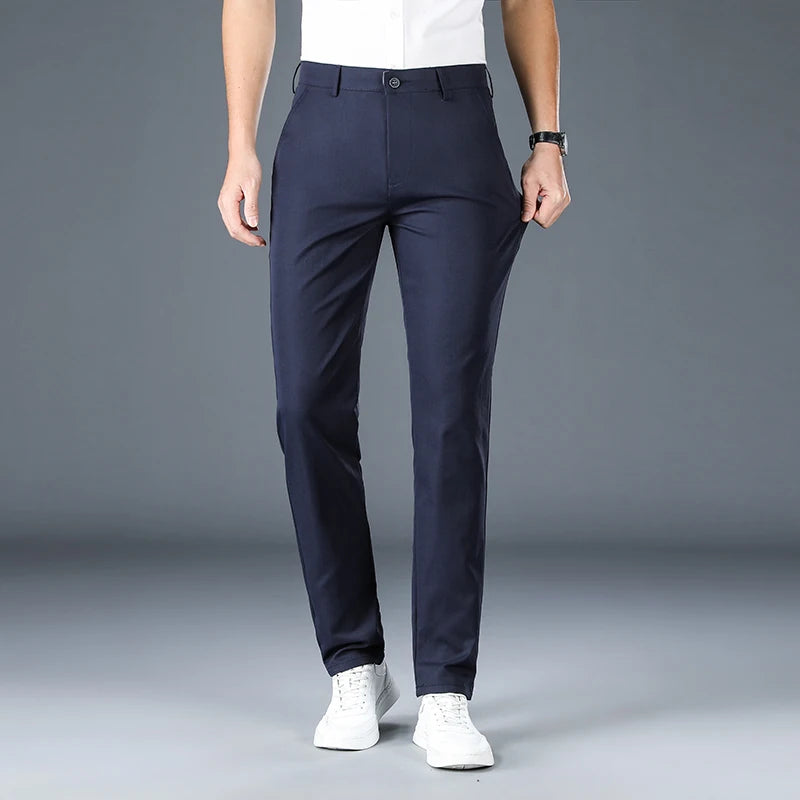 2025 New Men's Business Casual Straight Pants Micro Elastic Burgundy Khaki Black Classic Fashion Brand Four Seasons Trousers