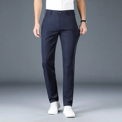 2025 New Men's Business Casual Straight Pants Micro Elastic Burgundy Khaki Black Classic Fashion Brand Four Seasons Trousers