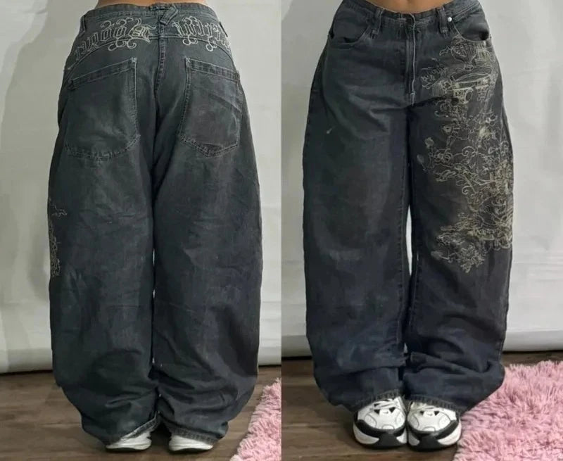 Streetwear New Casual Joker Geometric Print Baggy Jeans Female Y2K Gothic Hip Hop Popular Straight Wide-leg Trousers