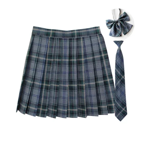Women Summer Plaid Pleated Skirt With Necktie Bowtie Korean Jk Skirt Uniform Japanese School Preppy A Line Mini Skirts