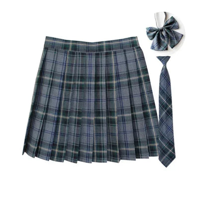 Women Summer Plaid Pleated Skirt With Necktie Bowtie Korean Jk Skirt Uniform Japanese School Preppy A Line Mini Skirts
