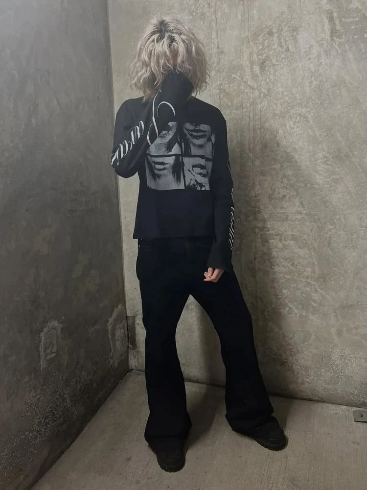 Y2K Harajuku Aesthetics Versatile Tee American Retro Millennium Letter Printed T-shirt Dark Street Punk Long Sleeved Women's Top