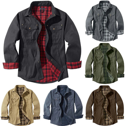 Men's Plus Size Lapel Plaid Flannel Casual Jacket Winter Warm Thickened Solid Color Jacket