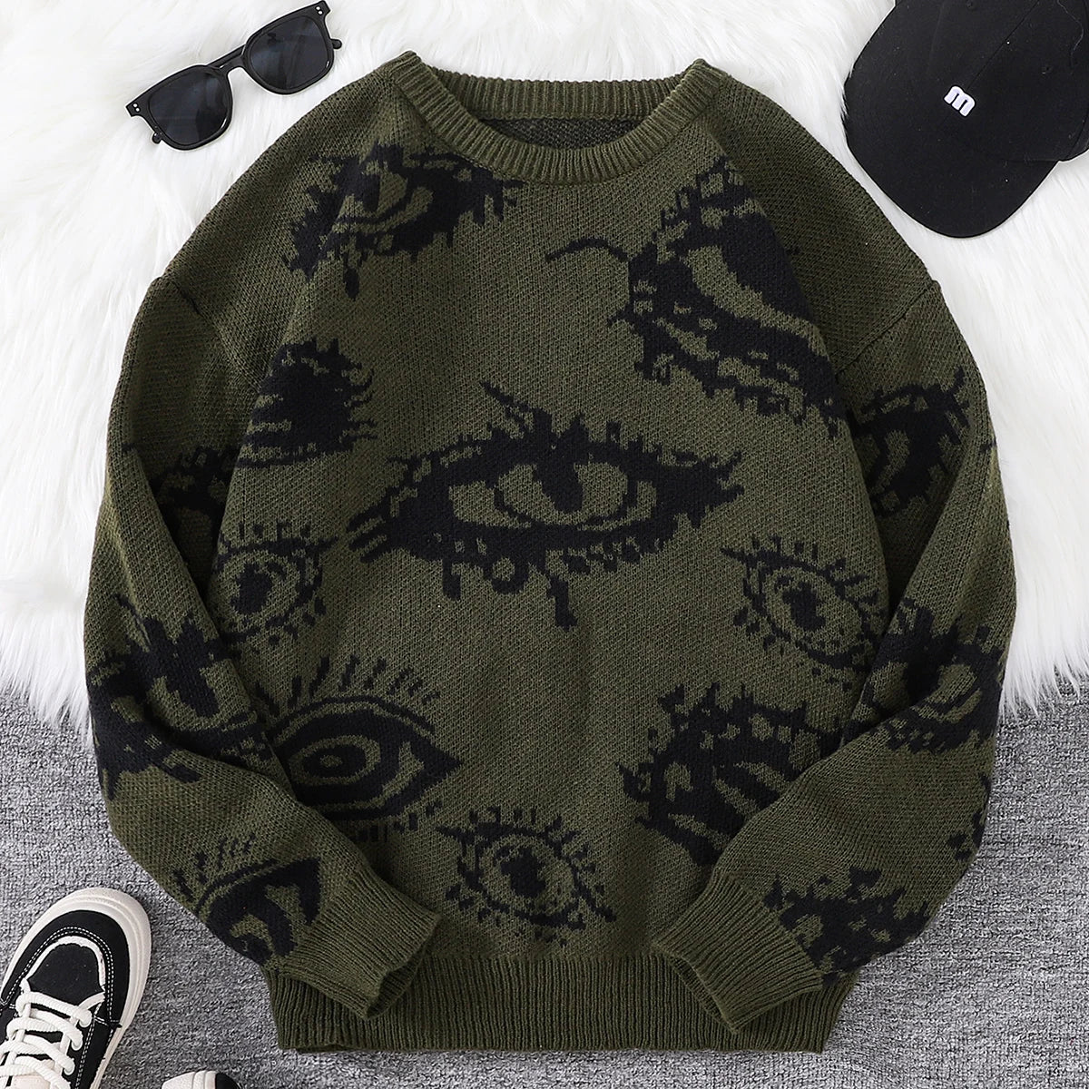 New Trendy Autumn and Winter Abstract Eye Jacquard Pattern Pullover Sweater Casual Round Neck Knitted Men's Pullover